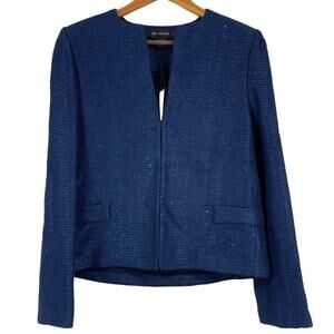 St. John NWT Navy Blue Sequin Blazer Tweed Wool Blend Metallic Blue Knit Size 4